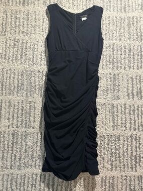 Peruvian connection black ruched sexy bodycon v neck dress size S